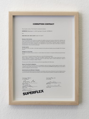 Superflex, Corruption Contract, laser-jet print on paper, 2011. Legal consultation by Daniel McClean.